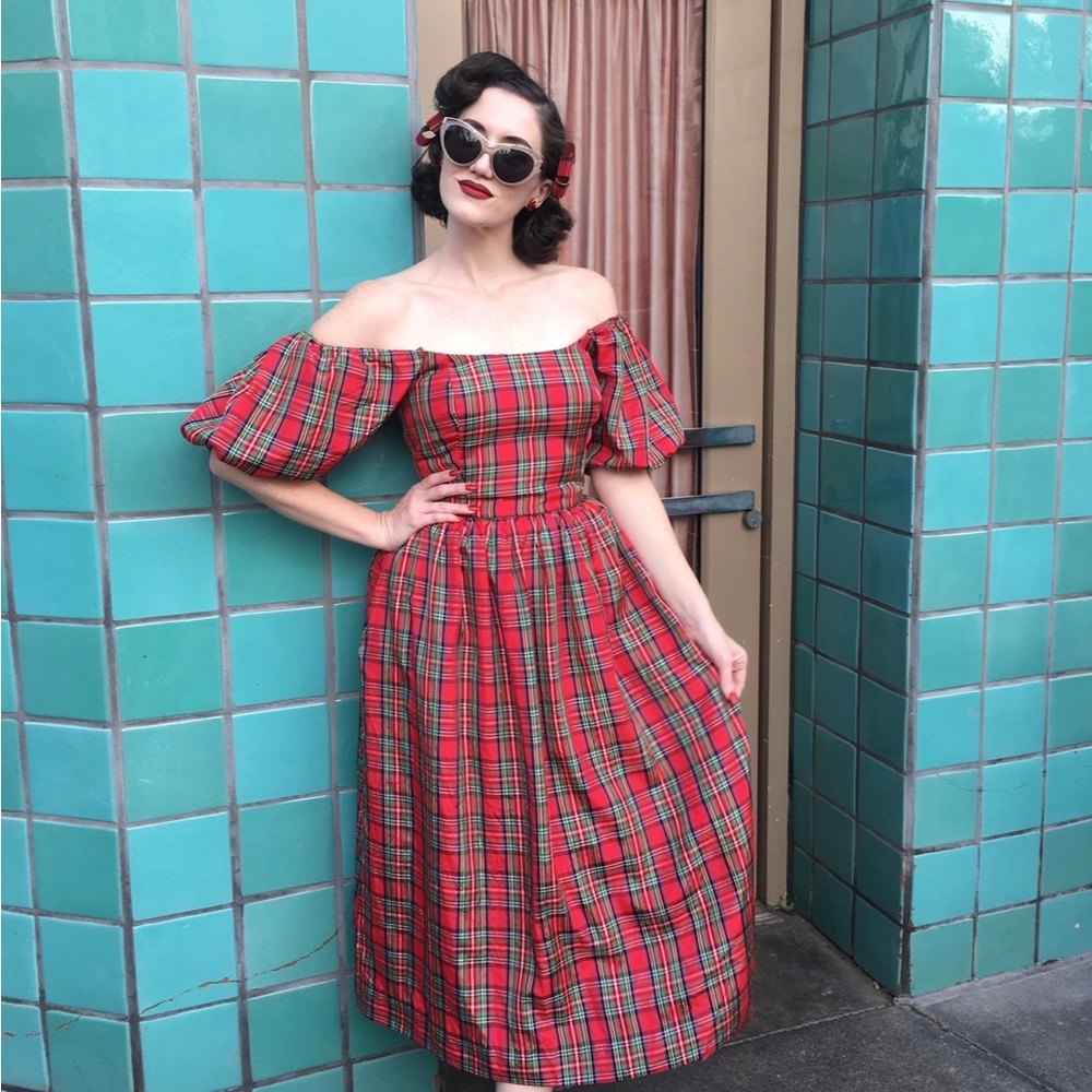 True vintage Victor Costa red plaid holiday Christmas dress